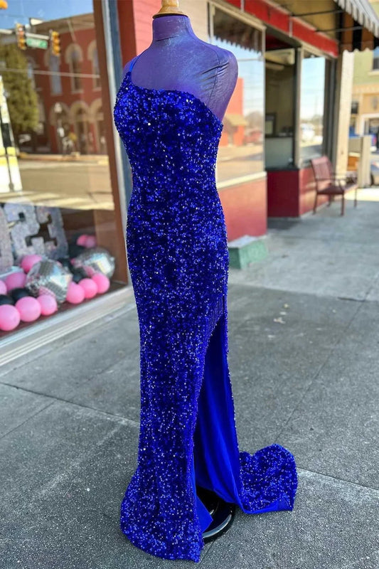 Royal Blue Sequin One-Shoulder Backless Long Prom Dresses with Slit Evening Party Dress simple gentle atmospheric and unique desi Bring summer colors to enhance whiteness by YiHuiw