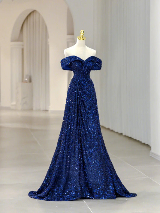 Royal Blue Sequins Long Prom Dress Off the Shoulder Formal Evening Dresses simple gentle atmospheric and unique desi Bring summer colors to enhance whiteness by YiHuiw