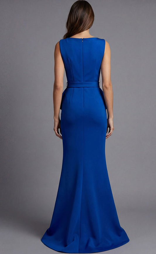 Royal Blue Sleeveless Mermaid Evening Dress with Belted Waist, Ruffled Peplum and Sweep Train