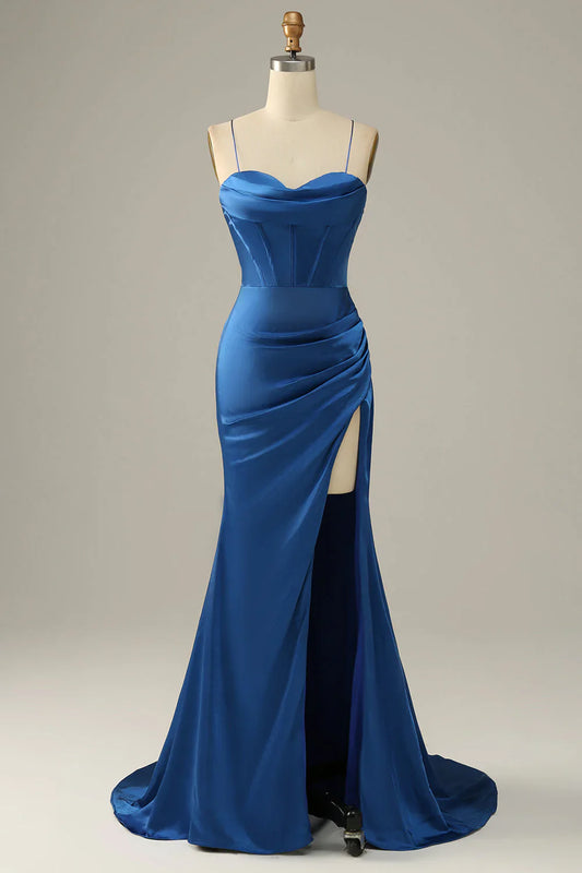 Royal Blue Satin Mermaid Prom Dress with Sweetheart Neckline and High Slit – Elegant Lace-Up Evening Gown