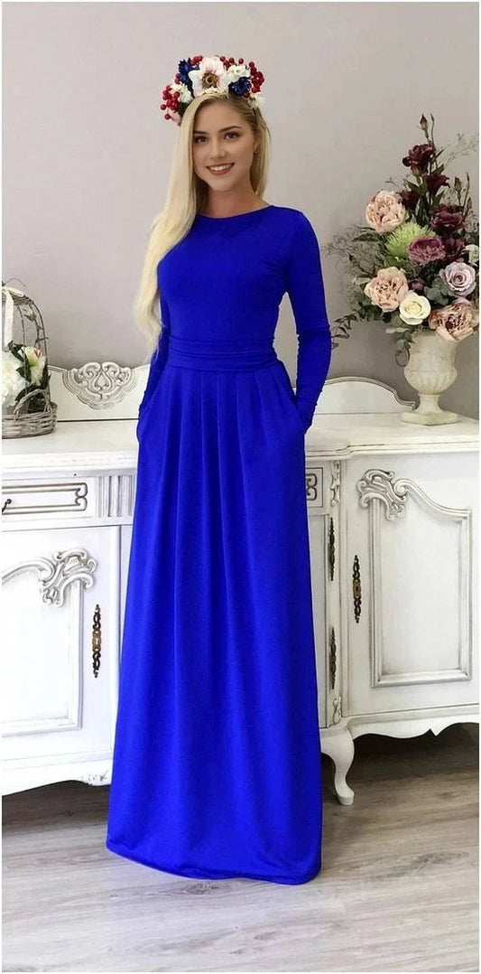Royal blue long sleeved dress with round neck design suitable for various formal or semi formal occasions by YiHuiw
