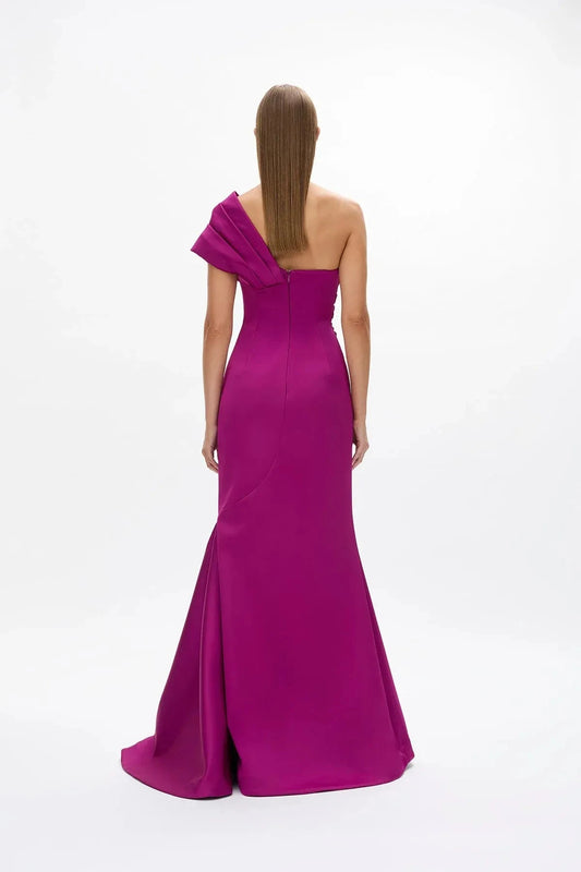 Ruched Mermaid One Shoulder Sleeveless Zipper Back Train Floor Length Female Prom Dress by YiHuiw