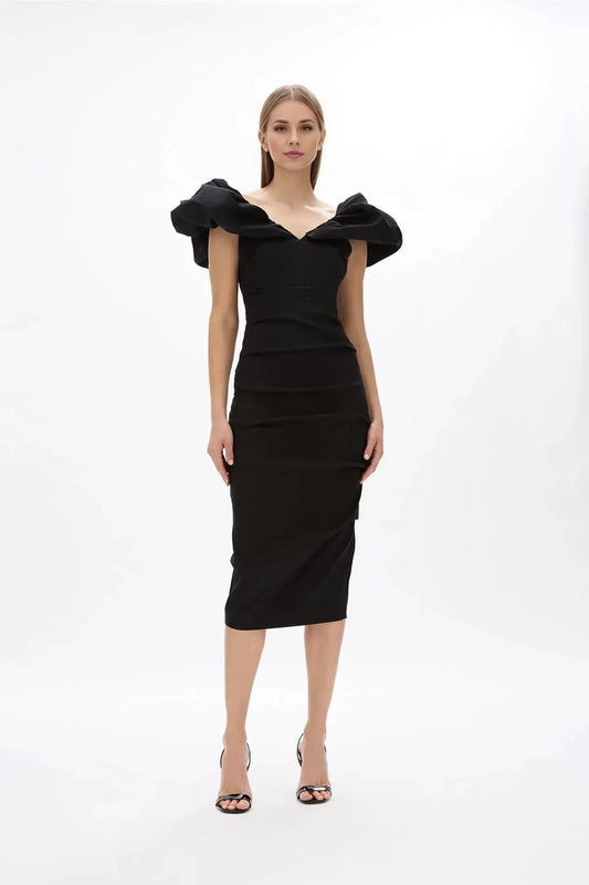 Ruffled Sheath V Neck Sleeveless Zipper Back Midi Length Hot Sale Prom Dress by YiHuiw