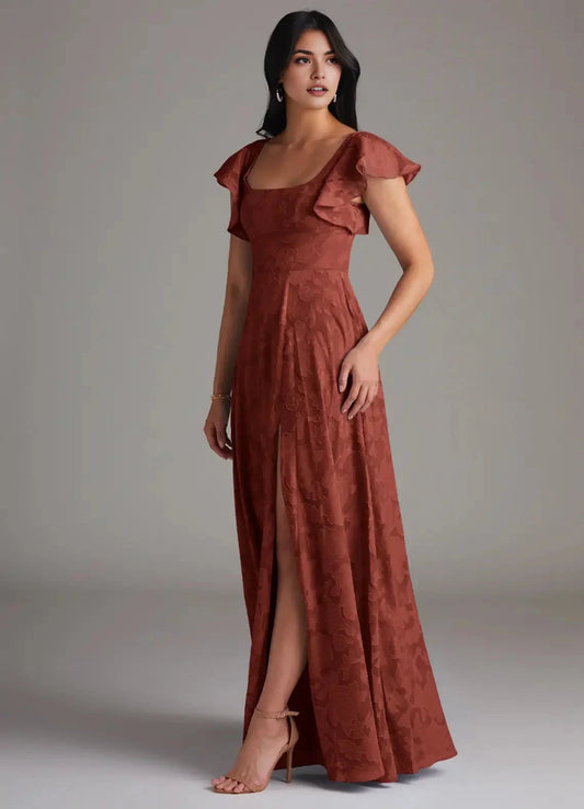 Rust Floral Jacquard Square Neck Maxi Dress with Flutter Sleeves and Side Slit Terracotta A-Line Side Slit Floral Burnout Dress Bridesmaid Dresses by YiHuiw