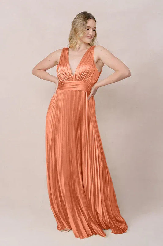 Rust A-Line V-Neck Sleeveless Pleated Wedding Dress - Yihuiw by Yihuiw