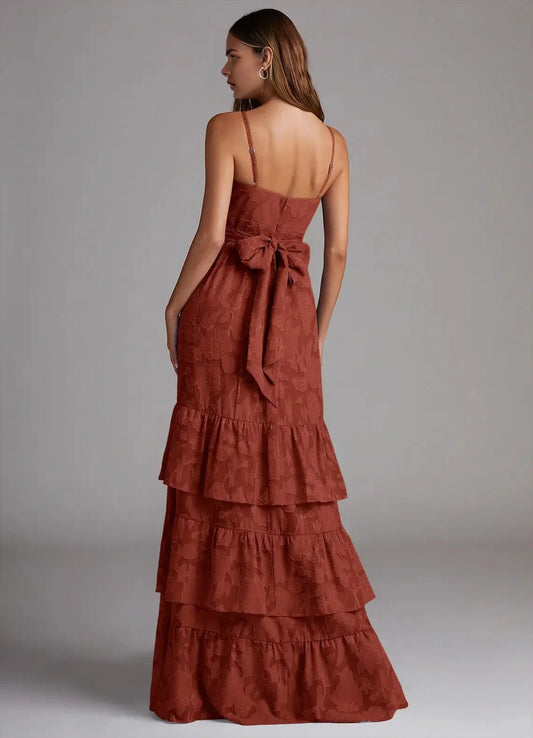 Rust Red Floral Jacquard Tiered Maxi Dress with Bow Back A-Line Bow Floral Burnout Dress Bridesmaid Dresses by YiHuiw