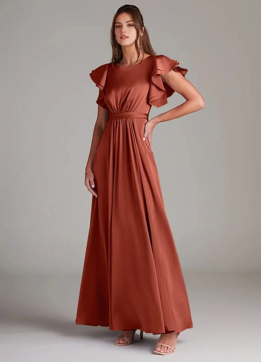 Satin Ruffled Sleeve Evening Dress A-Line Ruched Stretch Satin Floor-Length Dress Terracotta Bridesmaid Dresses by YiHuiw