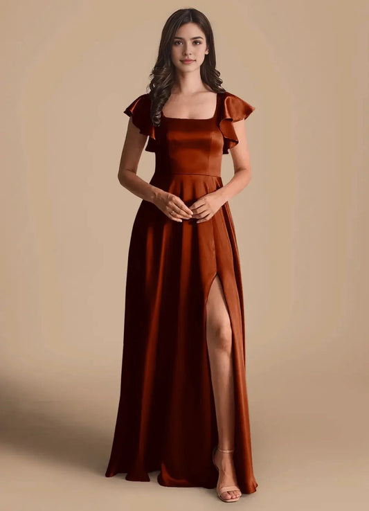 Rust Red Satin Square Neck Maxi Dress with Ruffled Sleeves and Side Slit A-Line Bow Metallic Satin Dress Bridesmaid Dresses by YiHuiw