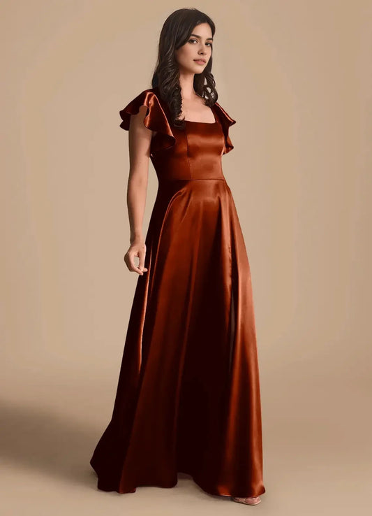 Rust Red Satin Square Neck Maxi Dress with Ruffled Sleeves and Side Slit A-Line Bow Metallic Satin Dress Bridesmaid Dresses by YiHuiw