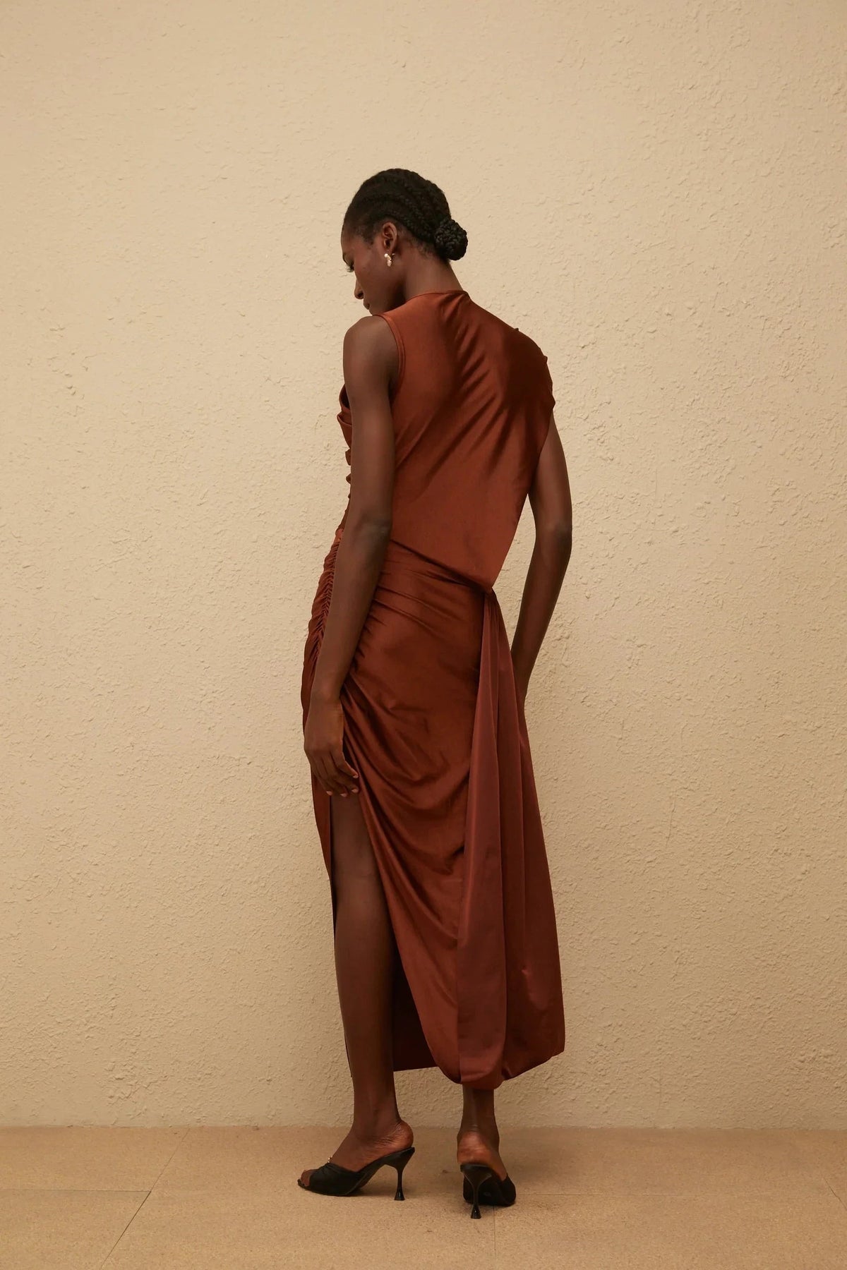 Rust Satin Asymmetric Midi Dress with Draping Reine Brown Asymmetrical Ruched Maxi Dress Evening Dress by YiHuiw