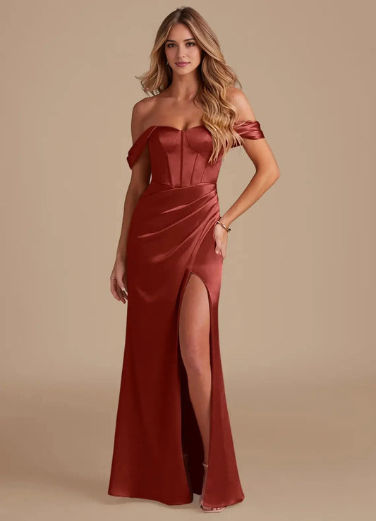 Rust Satin Off-Shoulder Maxi Dress with Side Slit and Corset Detail Terracotta Sheath Metallic Satin Dress Bridesmaid Dresses by YiHuiw
