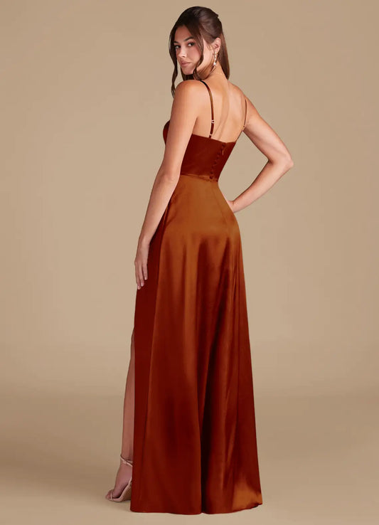 Rust Mermaid Spaghetti Strap Satin High Slit Floor-Length Wedding Dress - Yihuiw by Yihuiw