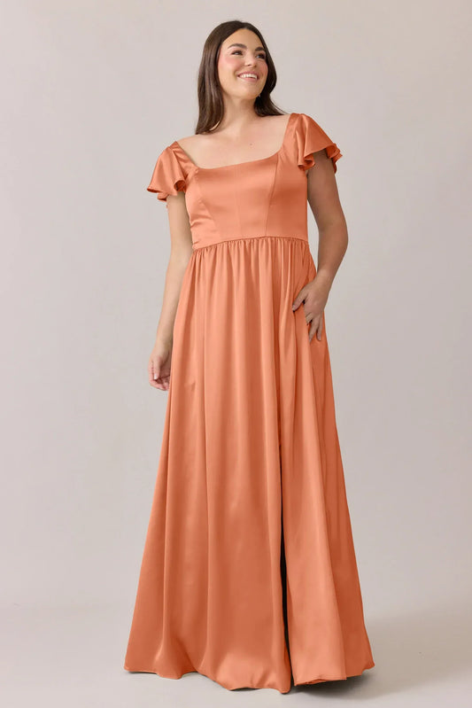 Rust A-Line Square Neck Ruffled Wedding Dress - Yihuiw by Yihuiw