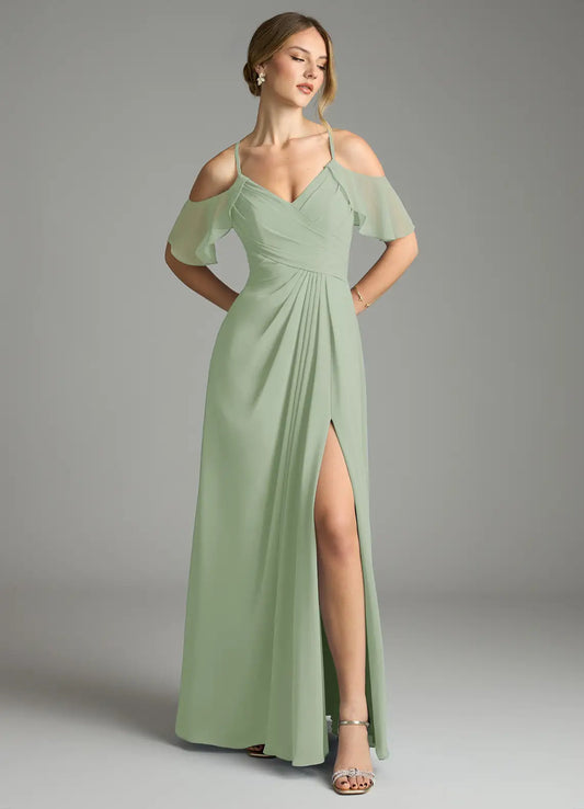 A-Line Chiffon Cold Shoulder High Slit Floor-Length Wedding Dress - Yihuiw by Yihuiw