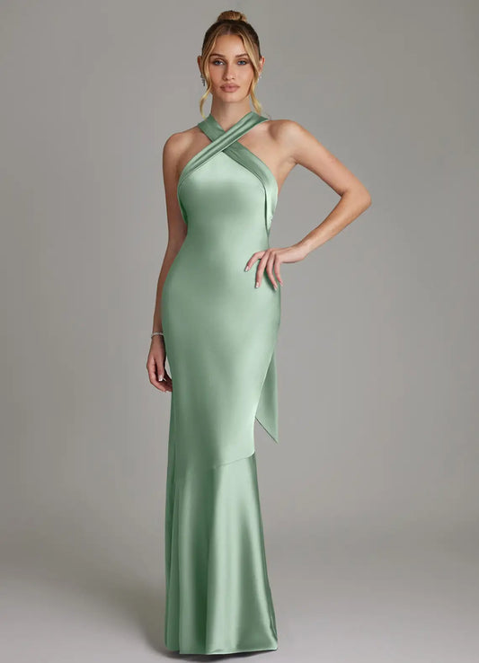 Mermaid Halter Satin Open Back Floor-Length Wedding Dress - Yihuiw by Yihuiw