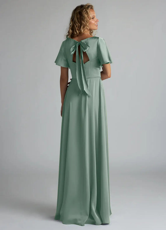A-Line V-Neck Satin Short Sleeve High Slit Floor-Length Wedding Dress - Yihuiw by Yihuiw