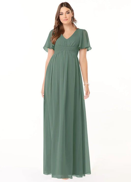 A-Line V-Neck Chiffon Short Sleeve Floor-Length Wedding Dress - Yihuiw by Yihuiw