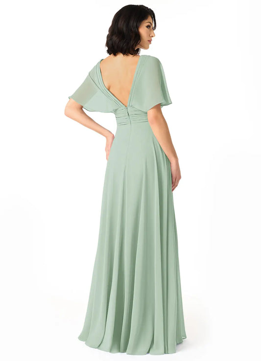 A-Line V-Neck Chiffon Train Wedding Dress - Yihuiw by Yihuiw