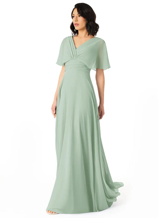 A-Line V-Neck Chiffon Train Wedding Dress - Yihuiw by Yihuiw