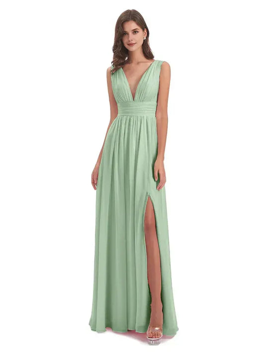 Sage Green A-Line V-Neck Sleeveless High Slit Floor-Length Wedding Dress - Yihuiw by Yihuiw