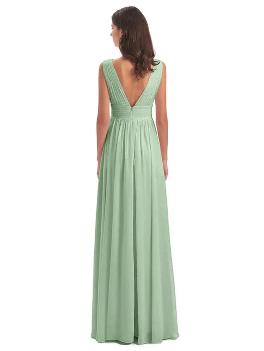 Sage Green A-Line V-Neck Sleeveless High Slit Floor-Length Wedding Dress - Yihuiw by Yihuiw