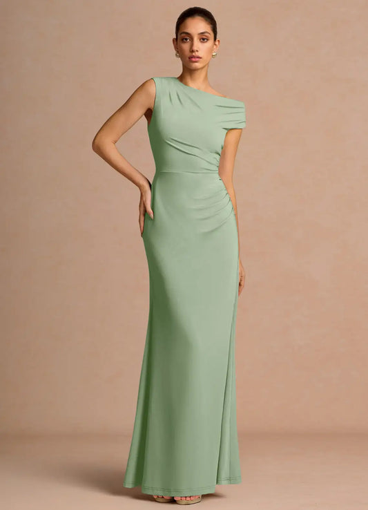 Sage Green Mermaid Off-Shoulder Asymmetric Floor-Length Wedding Dress - Yihuiw by Yihuiw