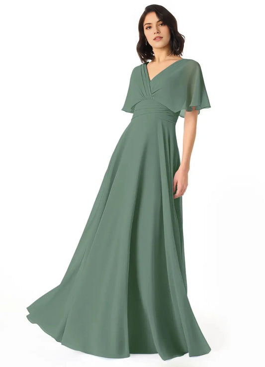 Green Chiffon V-Neck Evening Gown with Flutter Sleeves A-Line V-Neck Pleated Bridesmaid Dresses by YiHuiw