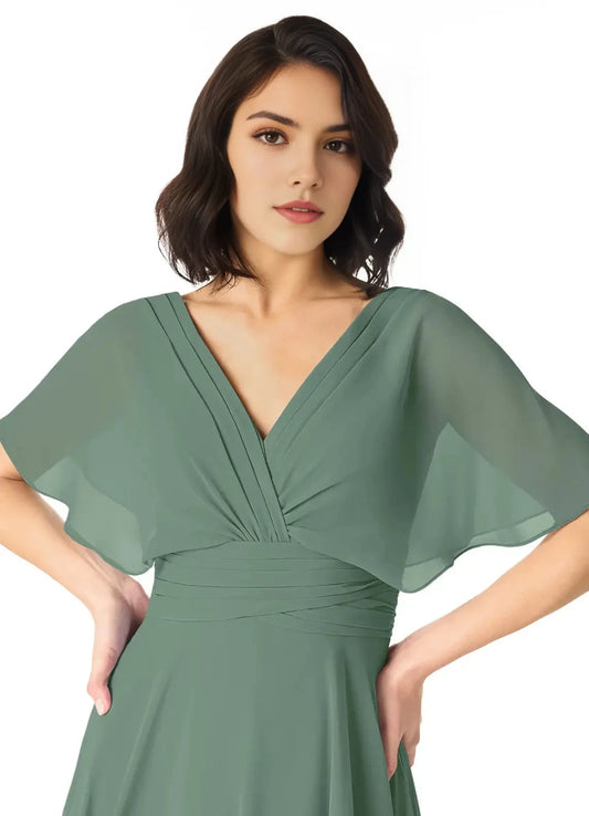 Green Chiffon V-Neck Evening Gown with Flutter Sleeves A-Line V-Neck Pleated Bridesmaid Dresses by YiHuiw