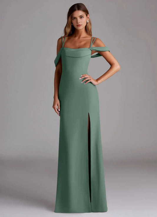 Green Cold-Shoulder Crisscross Back Evening Gown with Side Slit Eucalyptus Mermaid Pleated Chiffon Convertible Bridesmaid Dresses by YiHuiw