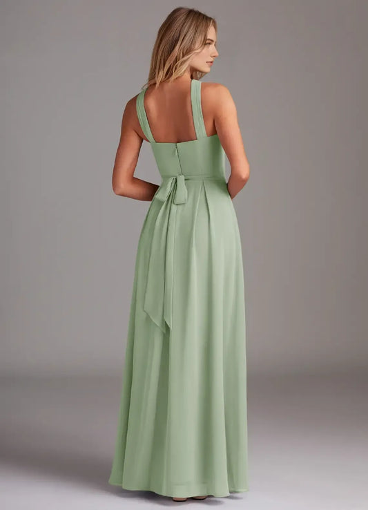 Sage Green A-Line Halter Chiffon Pleated Floor-Length Wedding Dress - Yihuiw by Yihuiw