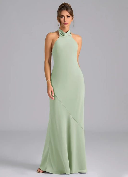 Sage Green Mermaid Halter Chiffon Floor-Length Wedding Dress - Yihuiw by Yihuiw