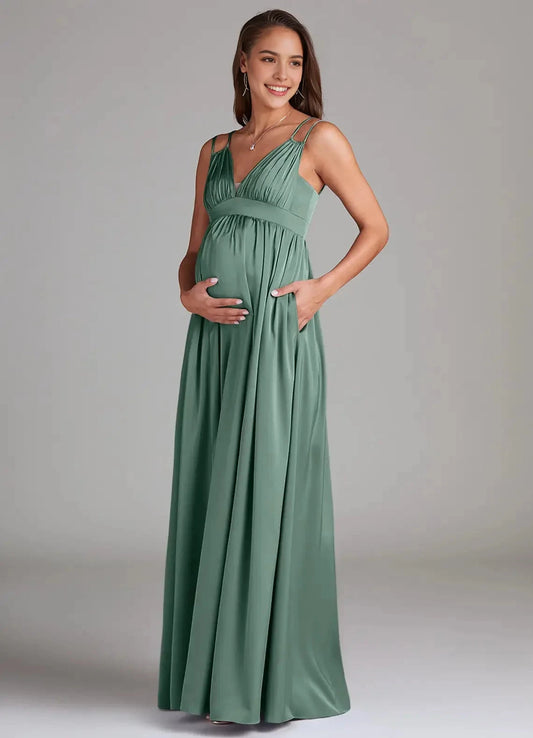 Sage Green Maternity Maxi Dress with Spaghetti Straps Stretch Satin Floor-Length Dress with Pockets Eucalyptus Bridesmaid Dresses by YiHuiw