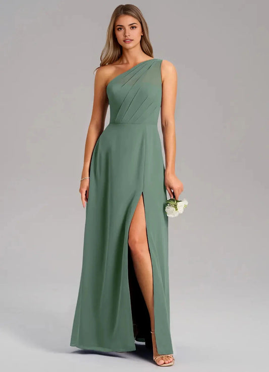 Sage Green One-Shoulder Chiffon Maxi Dress with Side Slit and Pockets Eucalyptus A-Line One Shoulder Chiffon Dress Bridesmaid Dresses by YiHuiw