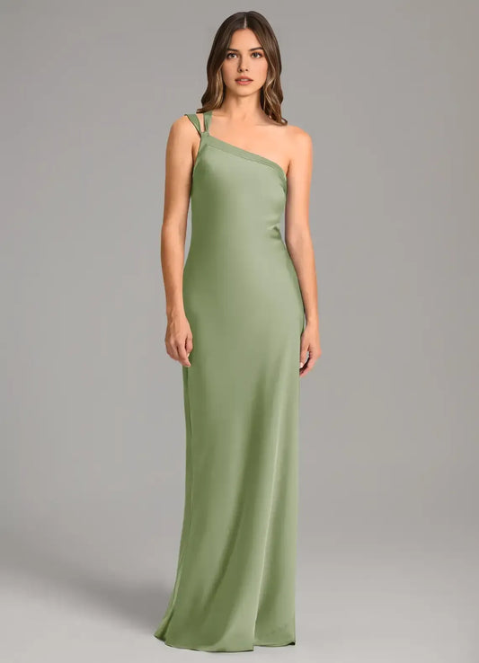 Sage Green One-Shoulder Satin High Slit Floor-Length Wedding Dress - Yihuiw by Yihuiw