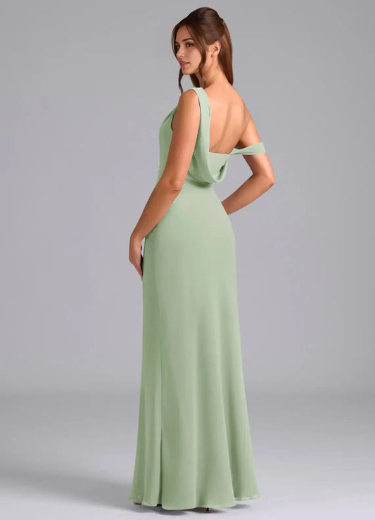 Sage Green One-Shoulder Maxi Dress with Side Slit and Draped Back Dusty Sage Mermaid Off the Shoulder Chiffon Convertible Dress Bridesmaid Dresses by YiHuiw