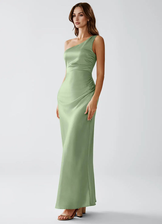 Sage Green One-Shoulder Satin Ruched Floor-Length Wedding Dress - Yihuiw by Yihuiw
