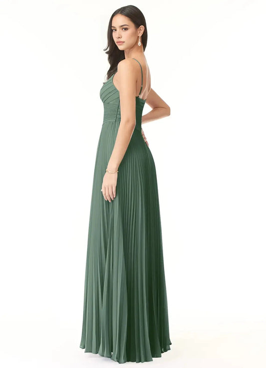 Sage Green Pleated V-Neck Maxi Dress with Side Slit A-Line V-Neck Pleated Chiffon Dress Bridesmaid Dresses by YiHuiw