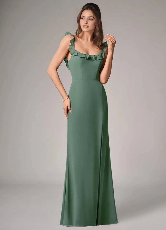 Sage Green Ruffled Strap Maxi Dress with Side Slit and Open Back Eucalyptus Mermaid Side Slit Chiffon Convertible Dress Bridesmaid Dresses by YiHuiw