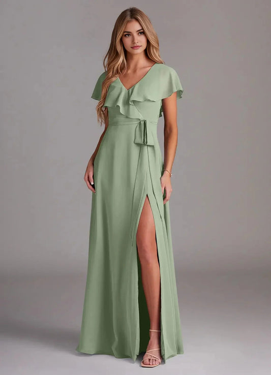 Sage Green Ruffled V-Neck Chiffon Maxi Dress with Side Slit and Belt Dusty Sage A-Line with Pockets Chiffon Dress Bridesmaid Dresses by YiHuiw