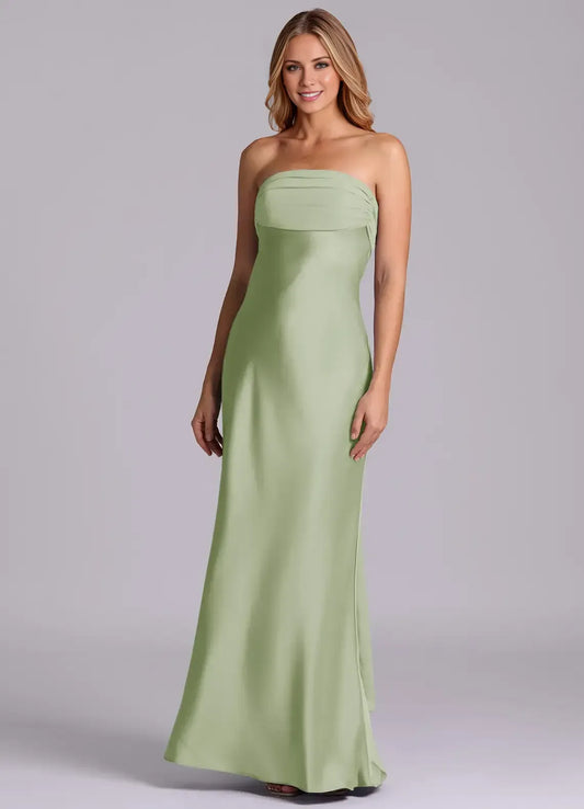 Sage Green Strapless Satin Ruched Floor-Length Wedding Dress - Yihuiw by Yihuiw