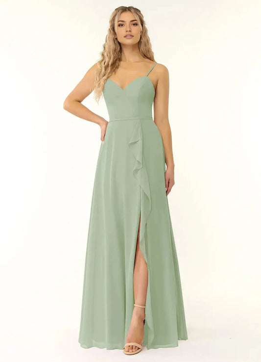 Sage Green Sweetheart Neck Chiffon Maxi Dress with Side Slit and Crisscross Back Dusty Sage A-Line V-Neck Ruffle Chiffon Dress Bridesmaid Dresses by YiHuiw