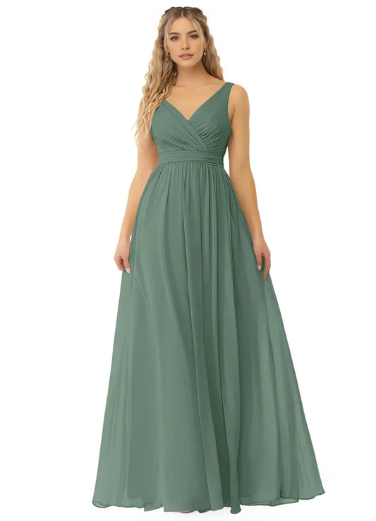 Sage Green V-Neck Chiffon Maxi Dress with Open Back Bow Eucalyptus A-Line Pleated Chiffon Dress Bridesmaid Dresses by YiHuiw