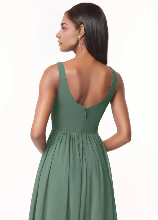 Sage Green V-Neck Chiffon Maxi Dress with Open Back Eucalyptus A-Line V-Neck Pleated Chiffon Dress Bridesmaid Dresses by YiHuiw