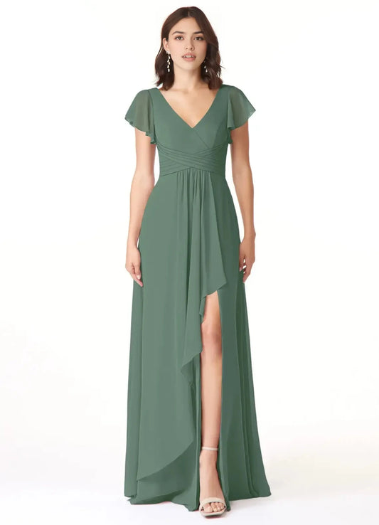 Sage Green V-Neck Flutter Sleeve Maxi Dress with Side Slit A-Line Chiffon Bridesmaid Dresses by YiHuiw