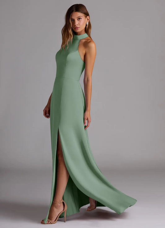 Halter Satin High Slit Floor-Length Wedding Dress - Yihuiw by Yihuiw