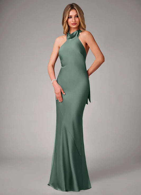 Mermaid Halter Satin Open Back Floor-Length Wedding Dress - Yihuiw by Yihuiw
