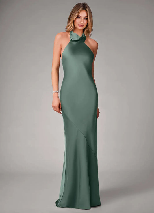 Mermaid Halter Satin Open Back Floor-Length Wedding Dress - Yihuiw by Yihuiw