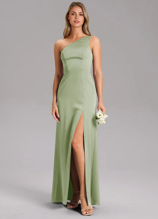 One-Shoulder Satin High Slit Floor-Length Wedding Dress - Yihuiw by Yihuiw