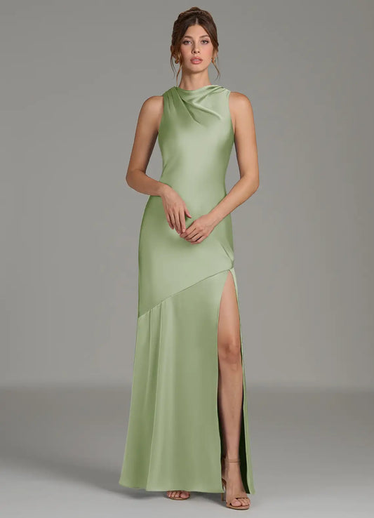 Mermaid Mock Neck Satin Sleeveless High Slit Floor-Length Wedding Dress - Yihuiw by Yihuiw