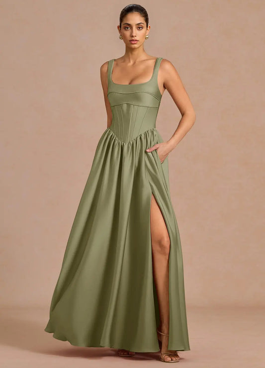 Spaghetti Strap Satin Lace-Up Back High Slit Floor-Length Wedding Dress - Yihuiw by Yihuiw